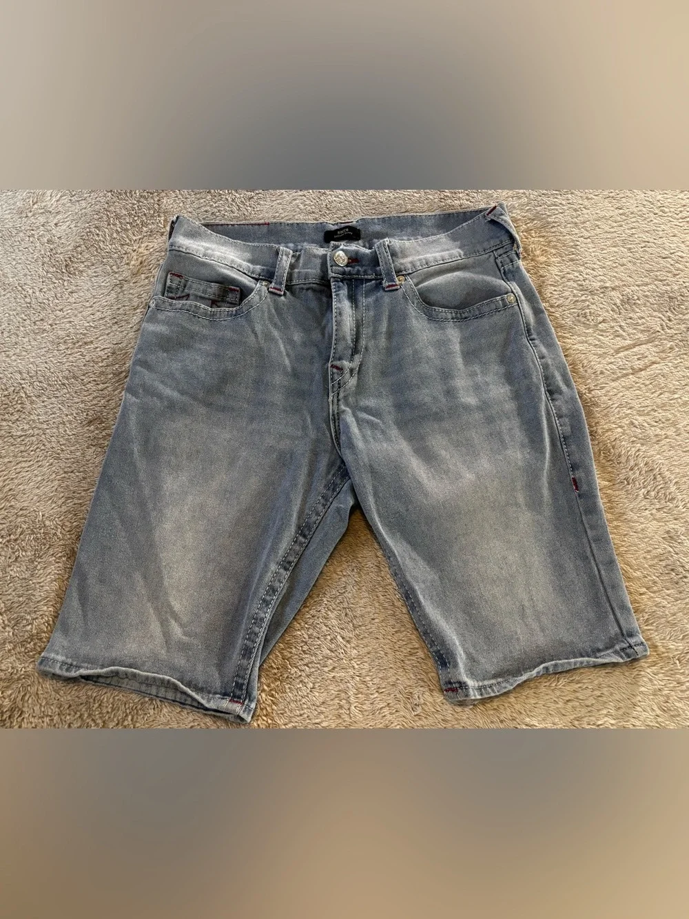 True Religion Light Wash Denim Rocco Skinny Jean Shorts with Red Stitching